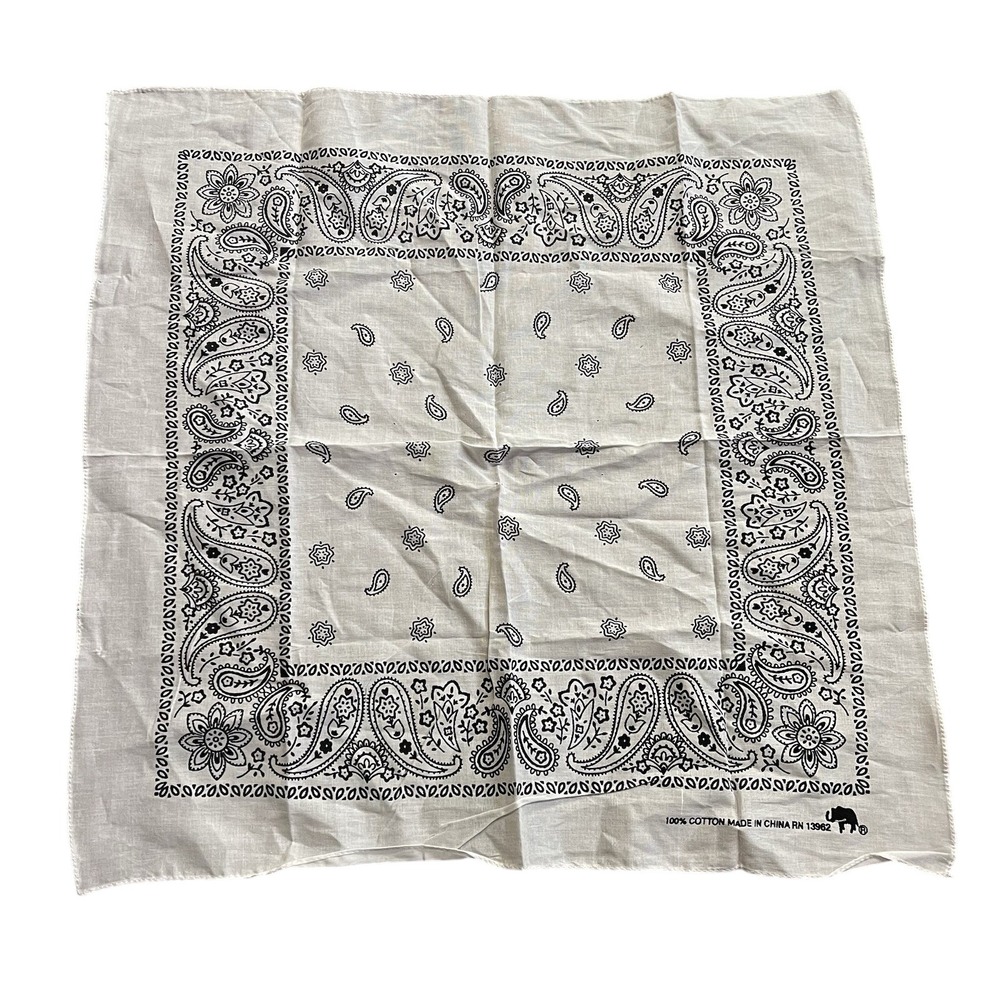 Vintage Bandanna White Black Classic Floral Paisley 100% Cotton Color Fast 13960